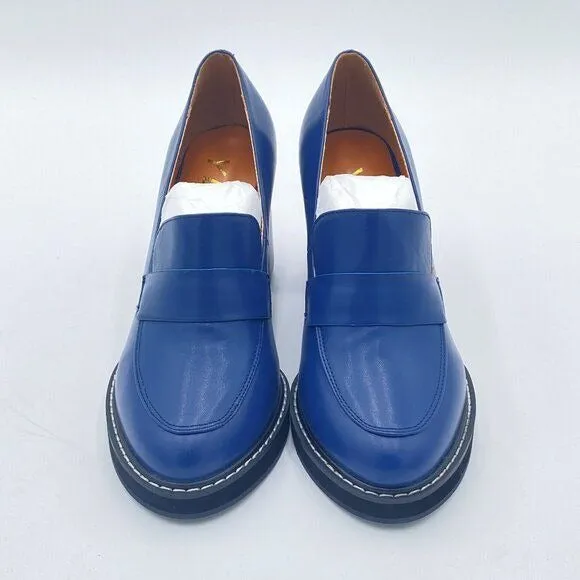 YDN Blue Penny Loafers Round Closed Toe Pumps Platform Chunky High Heel Shoe