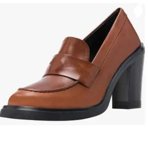 YDN Brown Chunky High Heels Round Toe Oxford Loafer Slip On Office Work Pumps