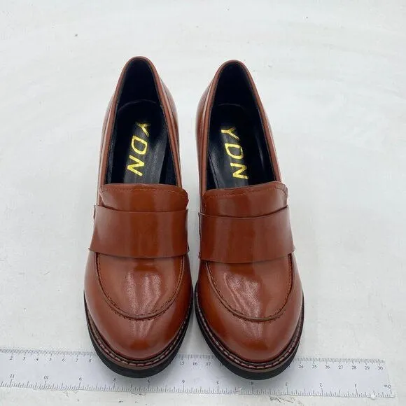 YDN Brown Chunky High Heels Round Toe Oxford Loafer Slip On Office Work Pumps