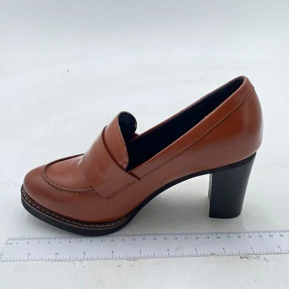 YDN Brown Chunky High Heels Round Toe Oxford Loafer Slip On Office Work Pumps