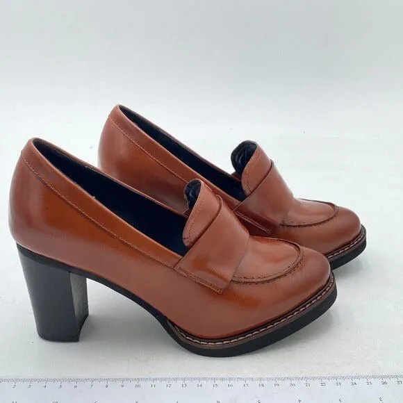 YDN Brown Chunky High Heels Round Toe Oxford Loafer Slip On Office Work Pumps