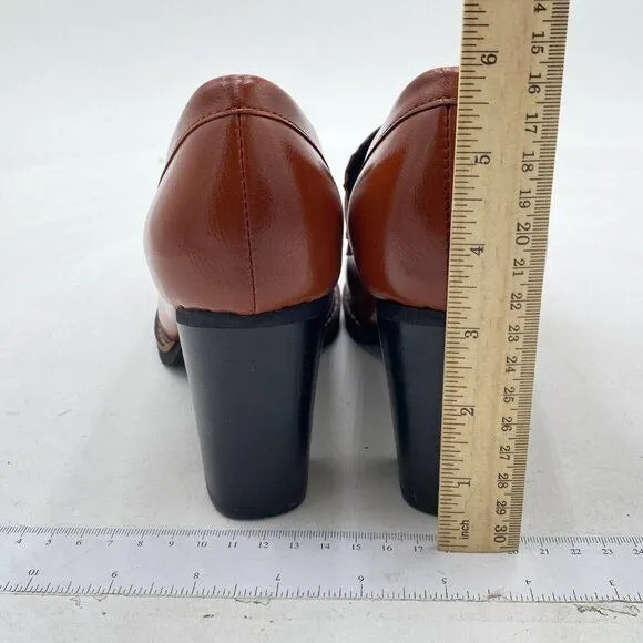 YDN Brown Chunky High Heels Round Toe Oxford Loafer Slip On Office Work Pumps
