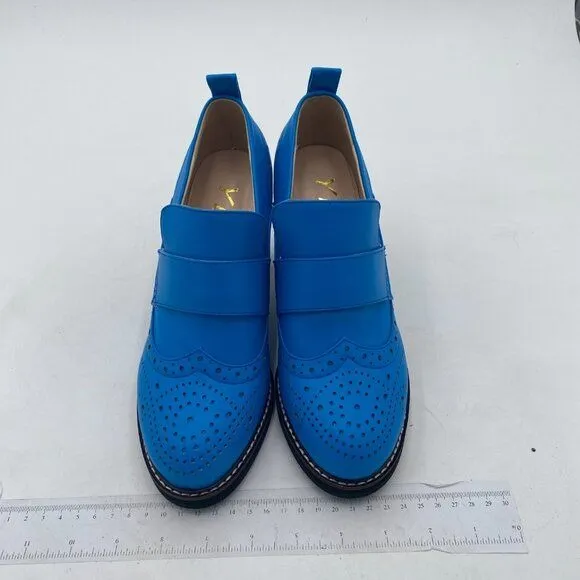 YDN Royalblue Chunky High Heels Round Toe Oxford Loafer Dress Work Shoe
