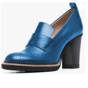 YDN Royalblue Chunky High Heels Round Toe Oxford Loafer Dress Work Shoe