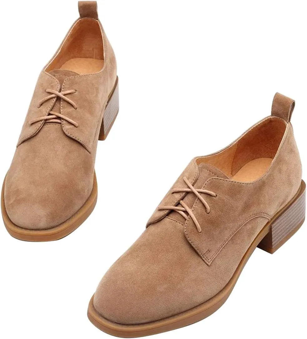 YDN Women Casual Lace Up Oxford Pumps Chunky Block Low Heel Classic Square Closed Toe Suede Ladies Fall Shoes