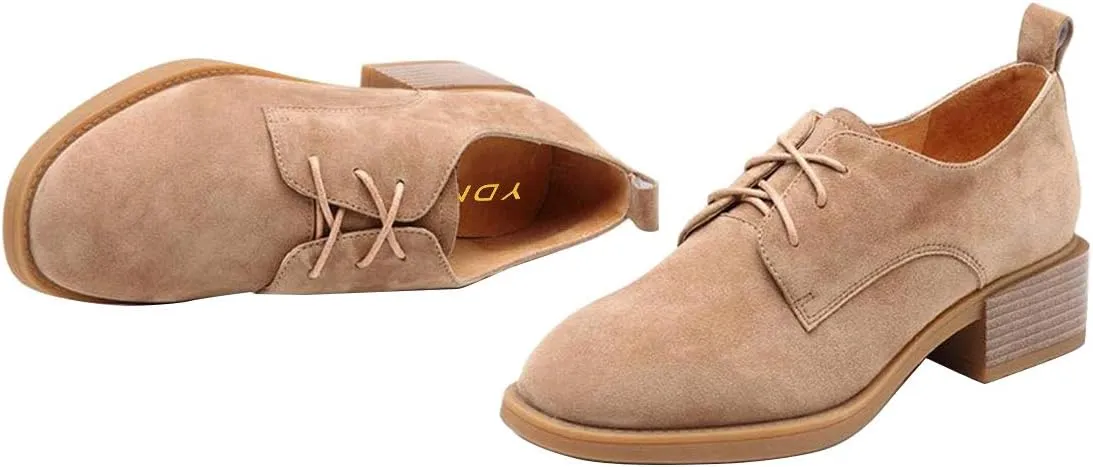 YDN Women Casual Lace Up Oxford Pumps Chunky Block Low Heel Classic Square Closed Toe Suede Ladies Fall Shoes