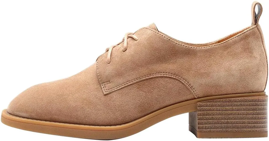 YDN Women Casual Lace Up Oxford Pumps Chunky Block Low Heel Classic Square Closed Toe Suede Ladies Fall Shoes