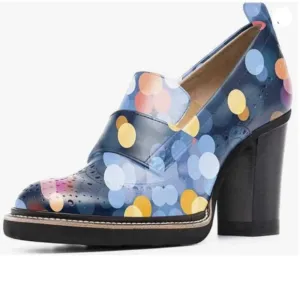 YDN Women Chunky High Heels Round Toe Oxford Loafer Print Polka Dot Shoes