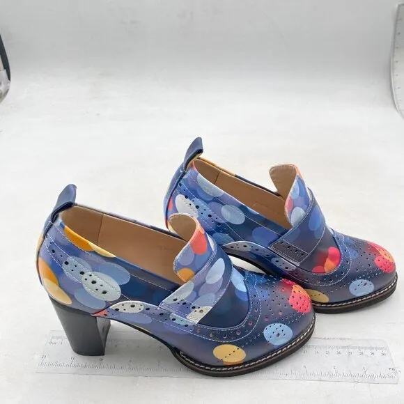 YDN Women Chunky High Heels Round Toe Oxford Loafer Print Polka Dot Shoes
