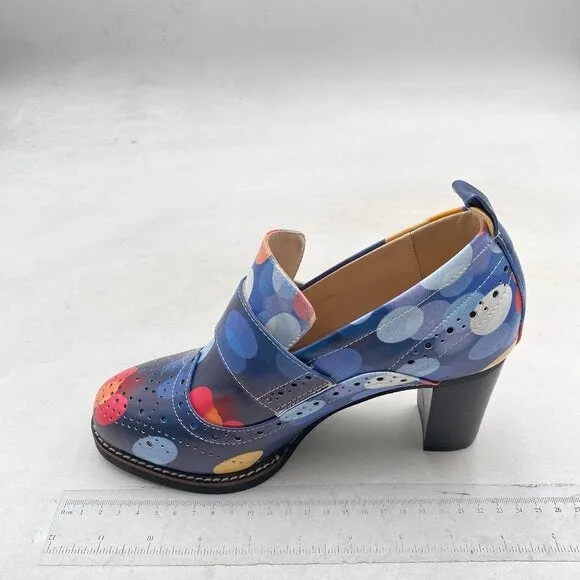 YDN Women Chunky High Heels Round Toe Oxford Loafer Print Polka Dot Shoes