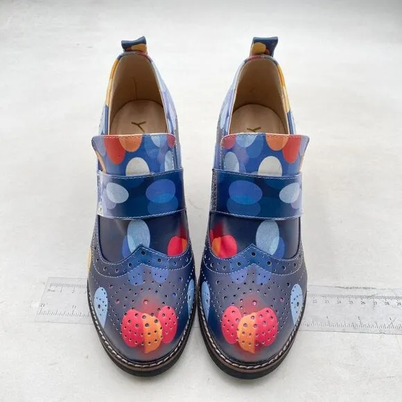 YDN Women Chunky High Heels Round Toe Oxford Loafer Print Polka Dot Shoes