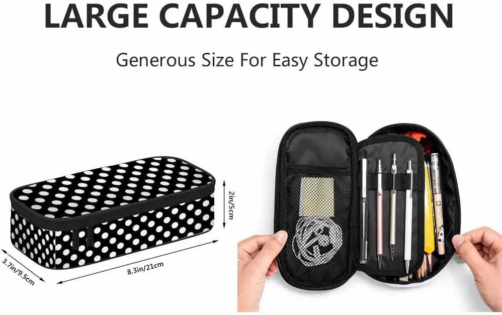 Yekiua Polka Dot Pencil Case Organizer Round Circle College Office Big Capacity Pencil Bag Black White