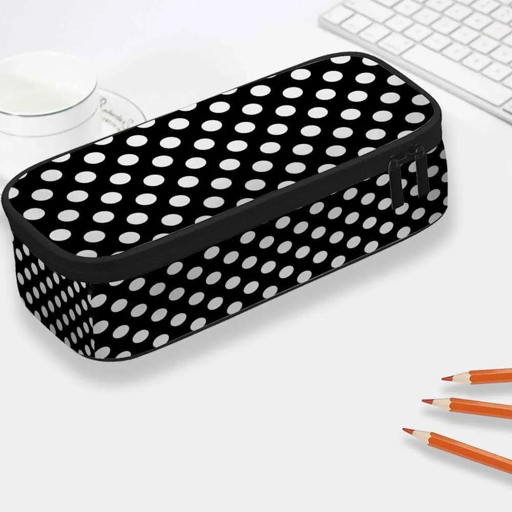 Yekiua Polka Dot Pencil Case Organizer Round Circle College Office Big Capacity Pencil Bag Black White