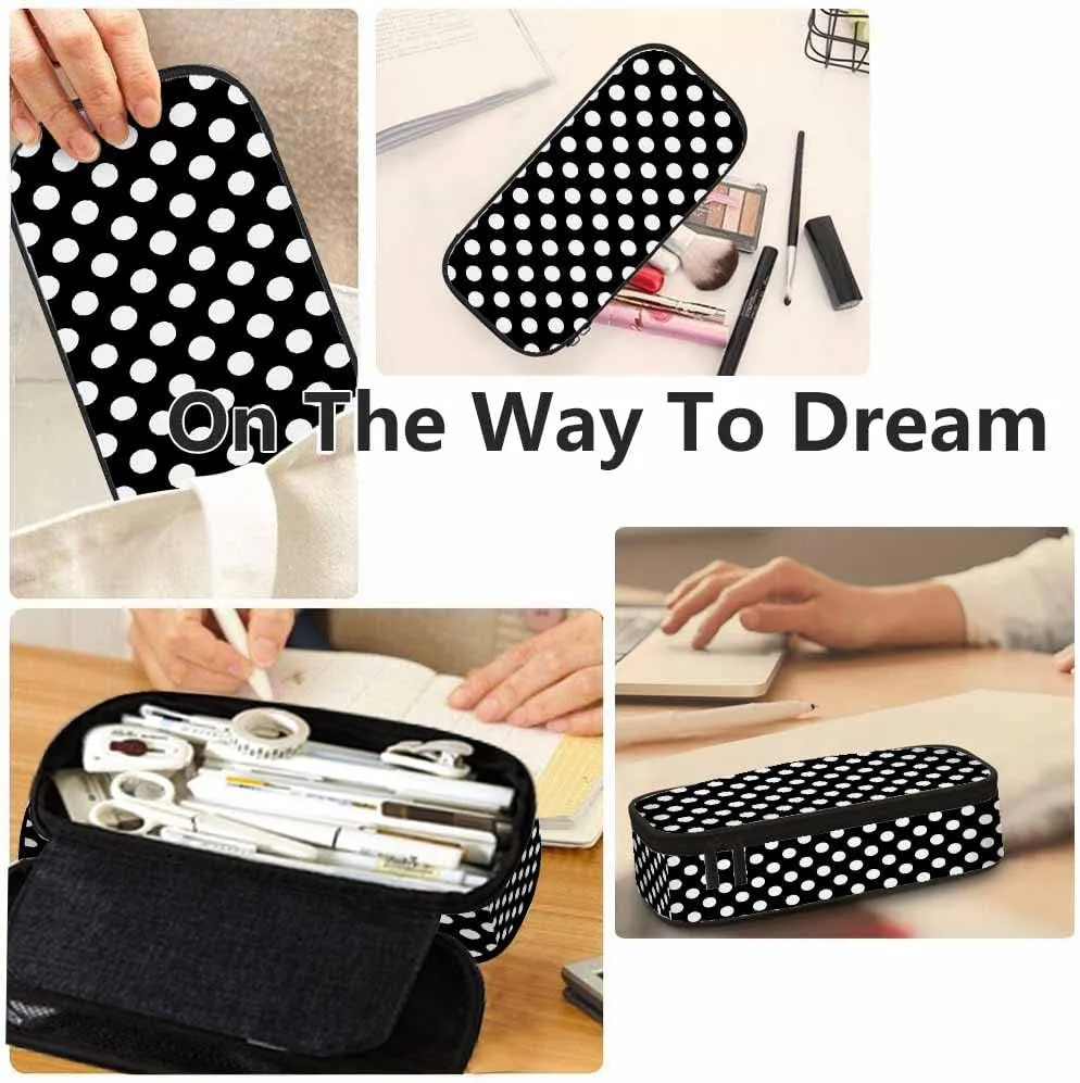 Yekiua Polka Dot Pencil Case Organizer Round Circle College Office Big Capacity Pencil Bag Black White