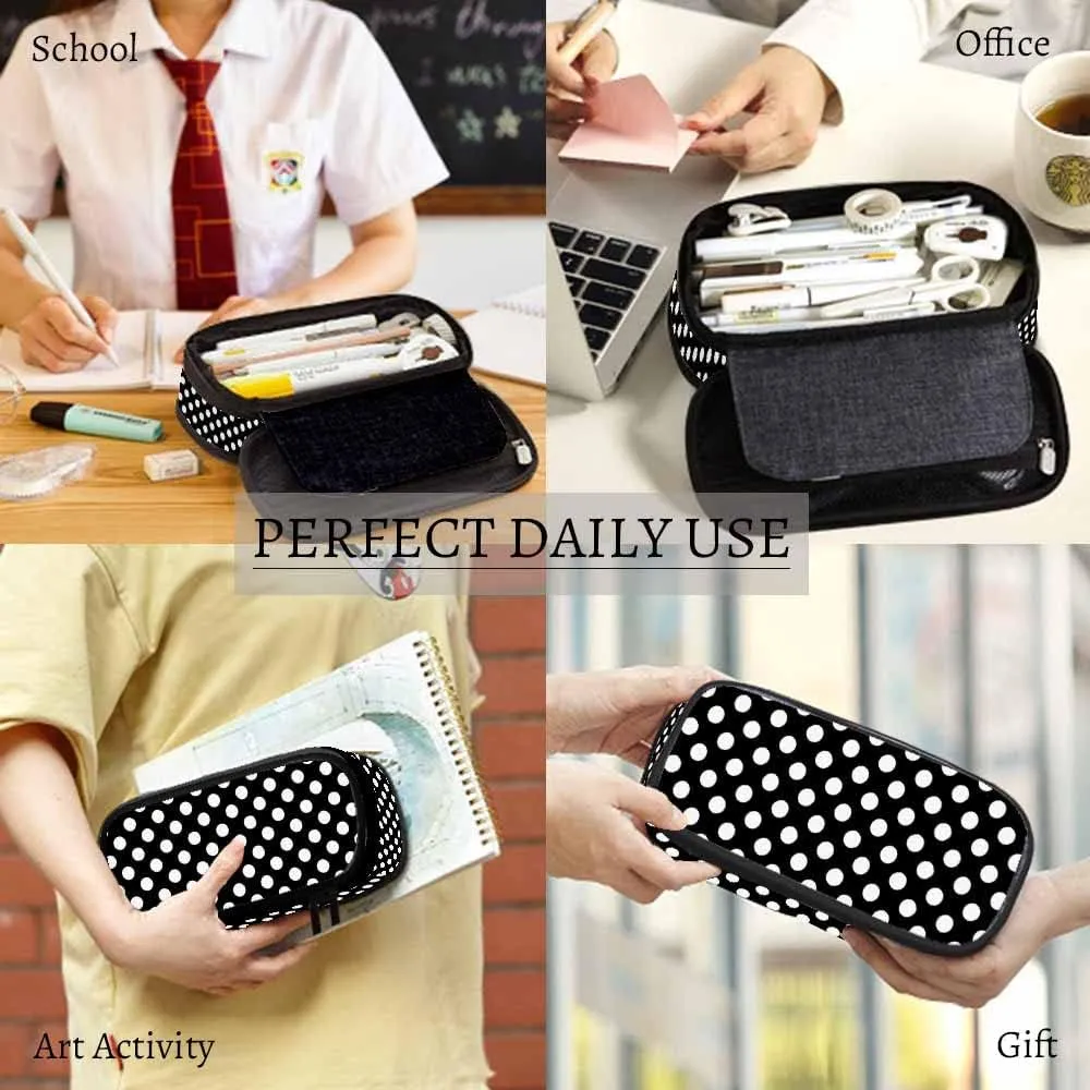 Yekiua Polka Dot Pencil Case Organizer Round Circle College Office Big Capacity Pencil Bag Black White