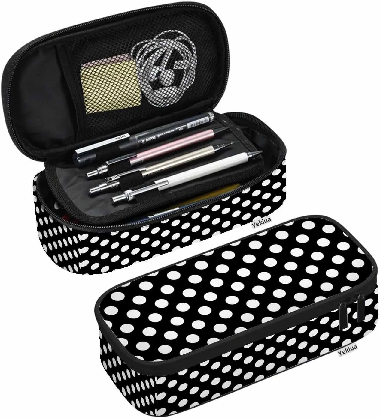 Yekiua Polka Dot Pencil Case Organizer Round Circle College Office Big Capacity Pencil Bag Black White