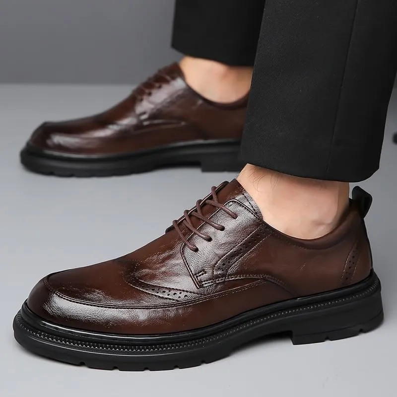 YZABEL Men's Leather Lace-Up Platform Business Shoes, Pointed Toe Printed Oxfords Dress Shoes, Rubber Non-Slip for Formal and Everyday Wear